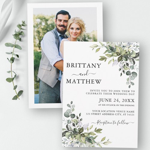 Watercolor Botanical Greenery Photo Back Wedding Invitation