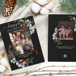 Watercolor Botanical Greenery Photo Black Holiday Card