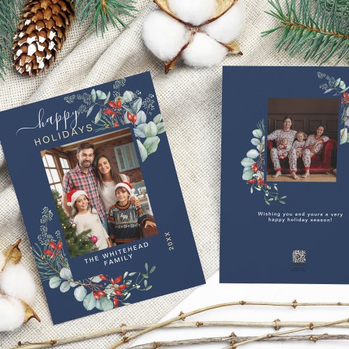 Watercolor Botanical Greenery Photo Navy Blue Holiday Card