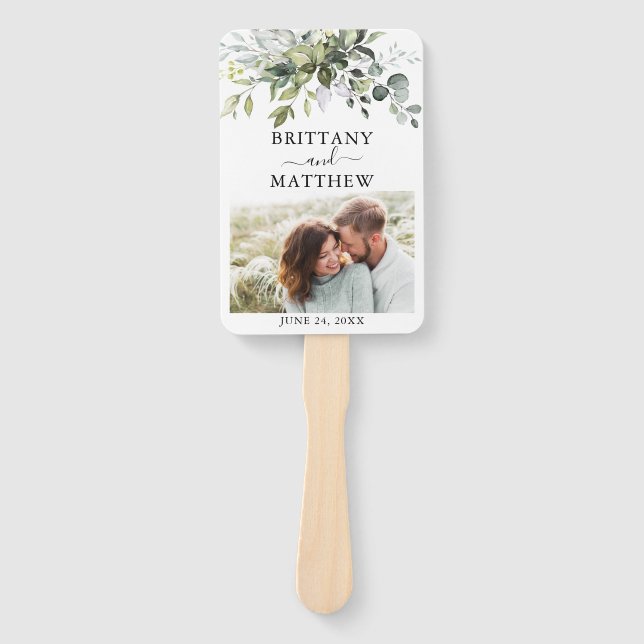 Watercolor Botanical Greenery Photo Wedding Hand Fan (Front)