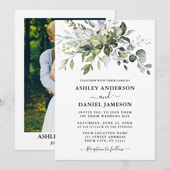 Watercolor Botanical Greenery Photo Wedding Invitation (Front/Back)