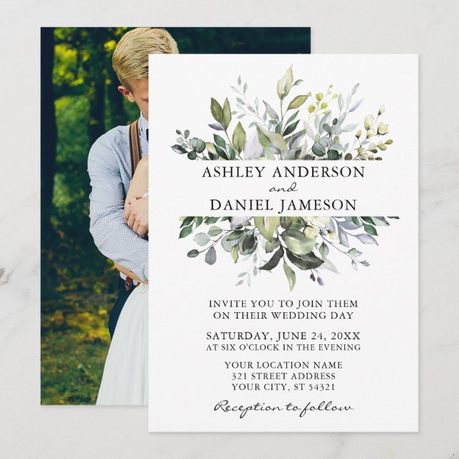 Watercolor Botanical Greenery Photo Wedding Invitation (Front/Back)