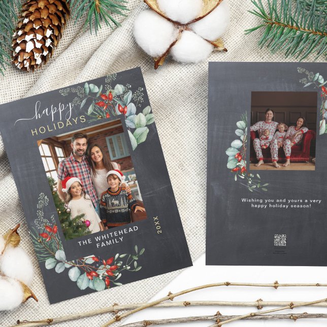 Watercolor Botanical Greenery Rustic Chalkboard Holiday Card (You will love these beautiful Christmas cards! They feature botanical watercolor pine and berries.)