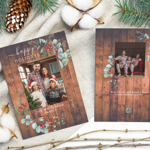 Watercolor Botanical Greenery Rustic Wood Photo Holiday Card