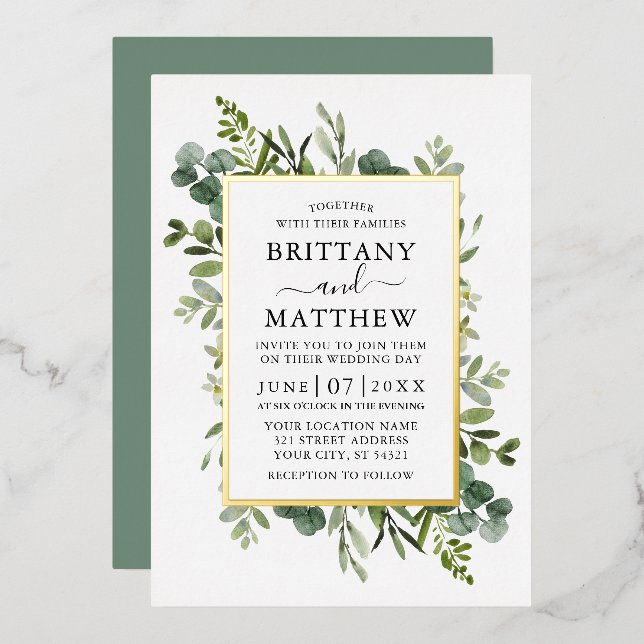Watercolor Botanical Greenery Sage Green Gold  Foil Invitation (Front/Back)