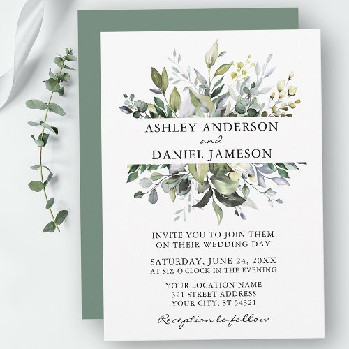 Watercolor Botanical Greenery Sage Green Wedding Invitation