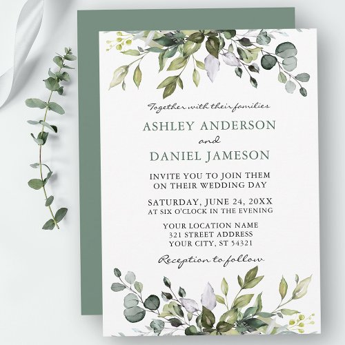 Watercolor Botanical Greenery Sage Green Wedding Invitation