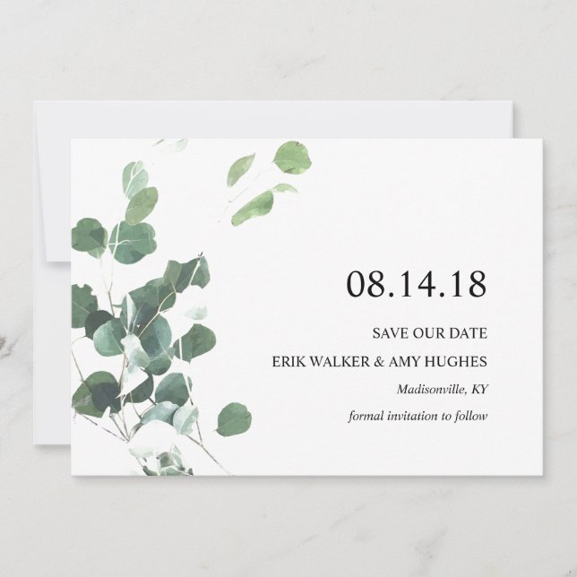 Watercolor botanical greenery save the date card (Front)
