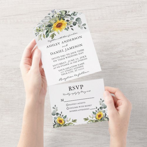 Watercolor Botanical Greenery Sunflowers Wedding All In One Invitation