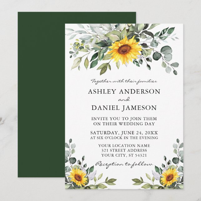 Watercolor Botanical Greenery Sunflowers Wedding Invitation (Front/Back)