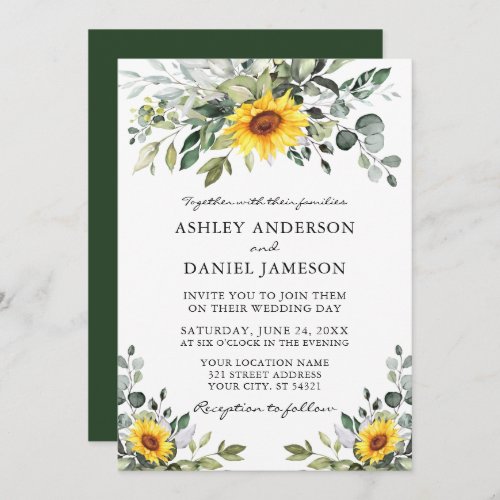 Watercolor Botanical Greenery Sunflowers Wedding Invitation