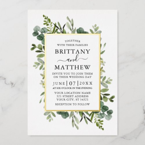 Watercolor Botanical Greenery Wedding Gold Foil Invitation