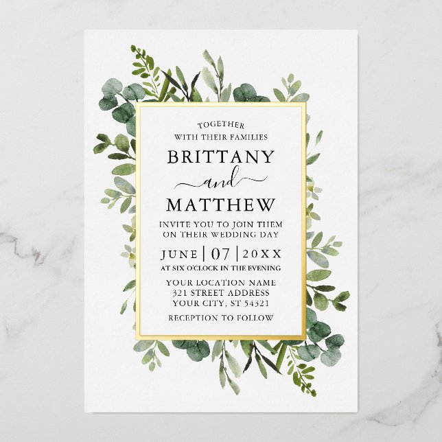 Watercolor Botanical Greenery Wedding Gold Foil Invitation (Front)