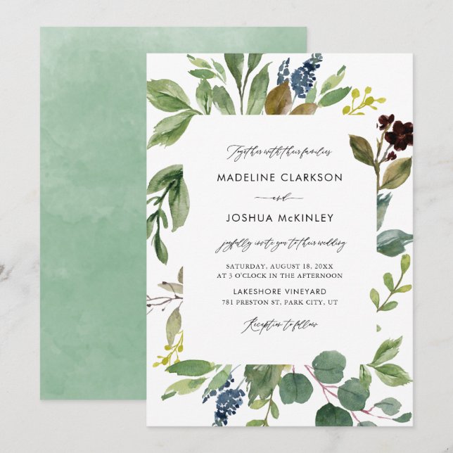 Watercolor Botanical Greenery Wedding Invitation (Front/Back)