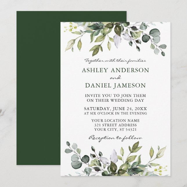Watercolor Botanical Greenery Wedding Modern Invitation (Front/Back)
