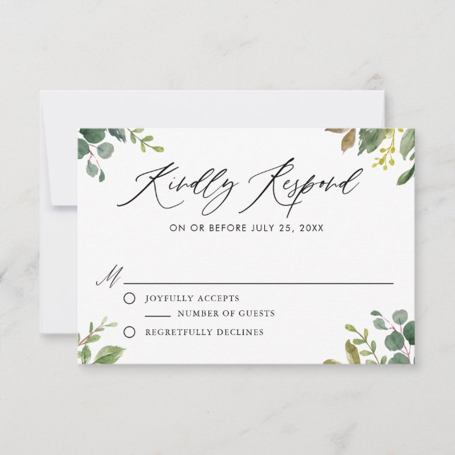 Watercolor Botanical Greenery Wedding RSVP Card (Front)