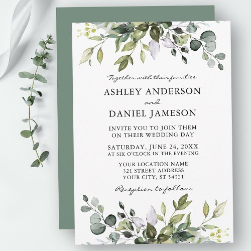 Watercolor Botanical Greenery Wedding Sage Green Invitation