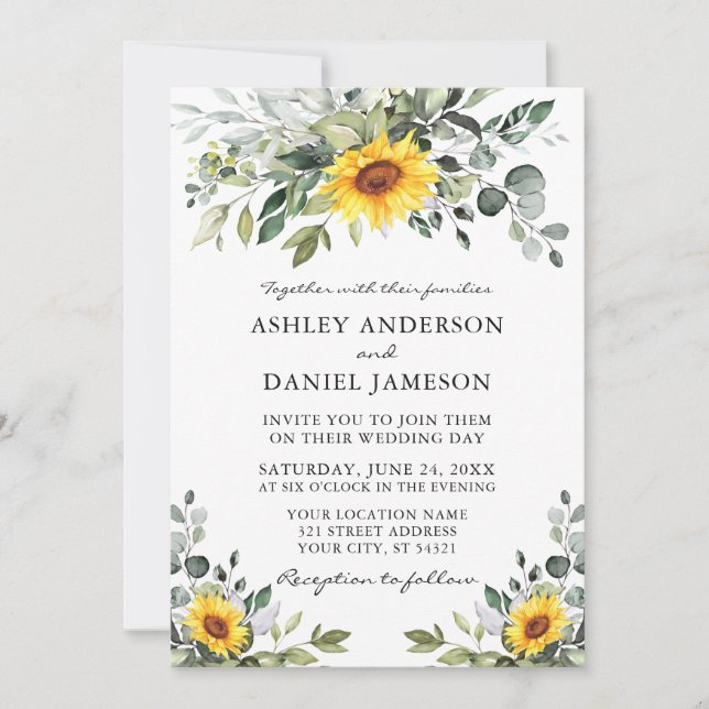 Watercolor Botanical Greenery Wedding Sunflowers  Invitation (Front)
