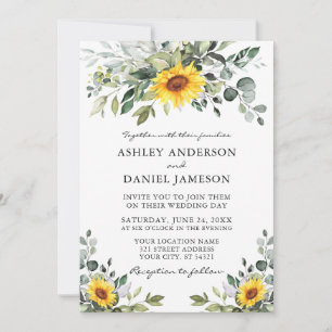 Watercolor Botanical Greenery Wedding Sunflowers Invitation
