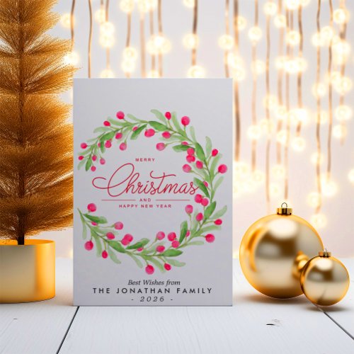 Watercolor Botanical Greenery Wreath Holiday Card