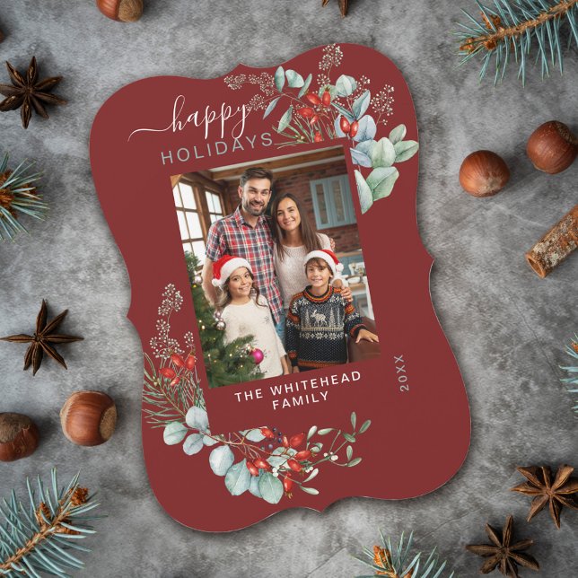 Watercolor Botanical Happy Holiday Photo Burgundy (You will love these beautiful Christmas cards! They feature botanical watercolor pine and berries.)