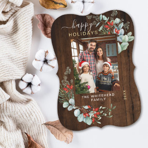 Watercolor Botanical Happy Holiday Photo Wood Card