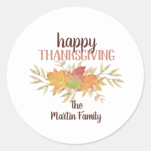 Watercolor Botanical Happy Thanksgivng Classic Round Sticker - Pretty, modern Thanksgiving greeting featuring lovely autumn leaves