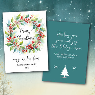 Watercolor Botanical Holly And Berries Wreath Holiday Card