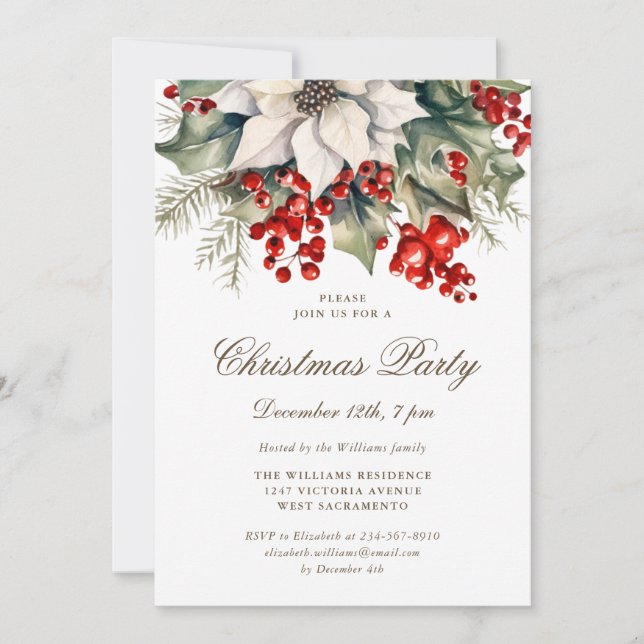 Watercolor Botanical Holly Berries Christmas Party Invitation (Front)