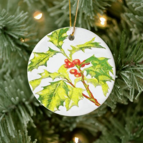 Watercolor Botanical Illustration Of Christmas Hol Ceramic Ornament