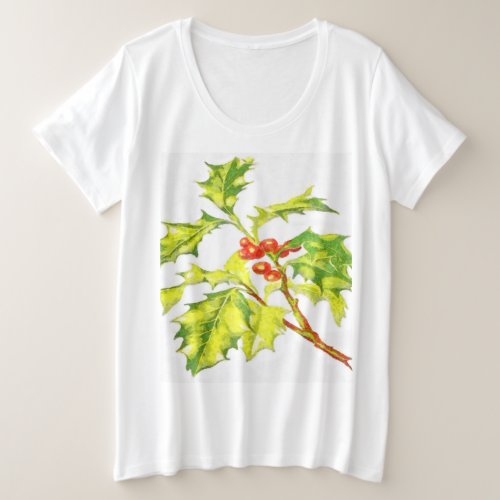 Watercolor Botanical Illustration Of Christmas Hol Plus Size T_Shirt