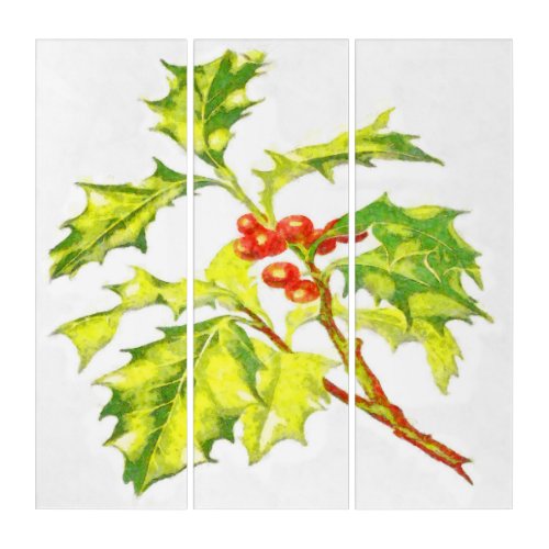 Watercolor Botanical Illustration Of Christmas Hol Triptych