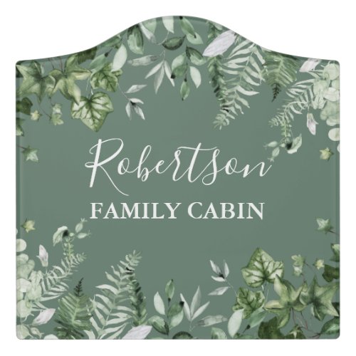 Watercolor Botanical Ivy Ferns Cabin Sage Green Door Sign