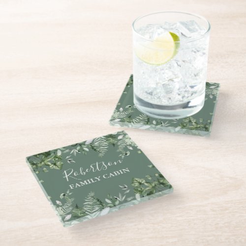 Watercolor Botanical Ivy Ferns Cabin Sage Green Glass Coaster