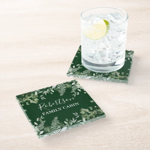 Watercolor Botanical Ivy Ferns Sage Cabin Green Glass Coaster