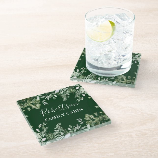 Watercolor Botanical Ivy Ferns Sage Cabin Green Glass Coaster (Angled)
