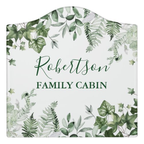 Watercolor Botanical Ivy Ferns Sage Family Cabin Door Sign