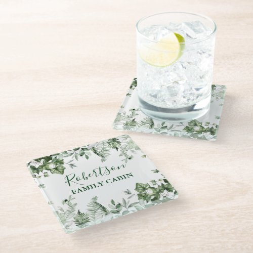 Watercolor Botanical Ivy Ferns Sage Family Cabin Glass Coaster