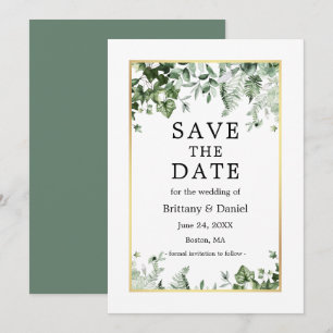 Watercolor Botanical Ivy Ferns Sage Green Gold Save The Date