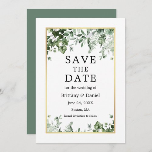 Watercolor Botanical Ivy Ferns Sage Green Gold Save The Date