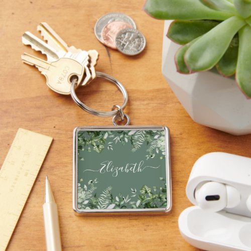 Watercolor Botanical Ivy Ferns Sage Green Keychain