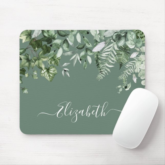Watercolor Botanical Ivy Ferns Sage Green Mouse Pad (With Mouse)