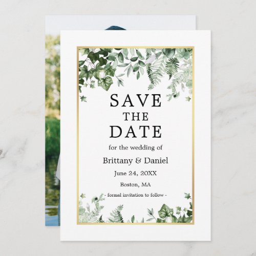 Watercolor Botanical Ivy Greenery Photo Gold Save The Date