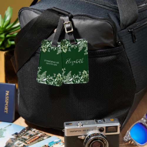 Watercolor Botanical Ivy Sage Ferns Green Luggage Tag