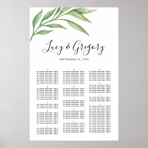 Watercolor Botanical Leaves 24 x 36 Seating Chart