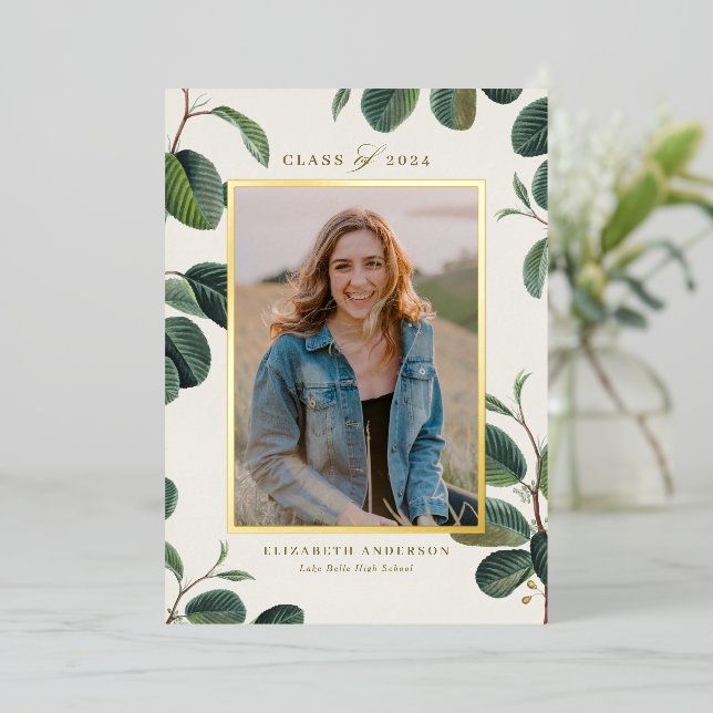Watercolor Botanical Leaves Beige Photo Graduation Foil Invitation (Standing Front)