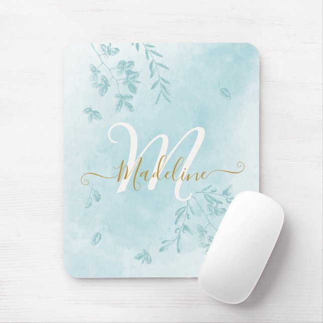 Watercolor Botanical Leaves Blue Monogram Mouse Pad (With Mouse)