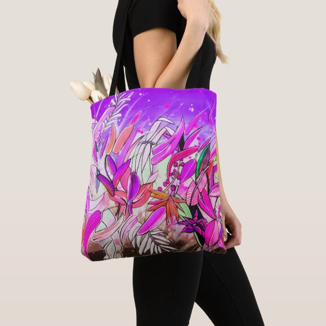 Watercolor Botanical Leaves Blush Rose Purple Tote Bag (Close Up)