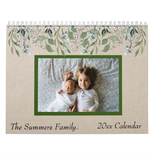 Watercolor Botanical Leaves Foliage  Family Photo Calendar