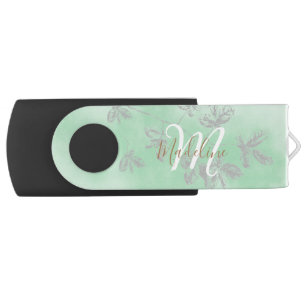 Watercolor Botanical Leaves Foliage Green Monogram Flash Drive